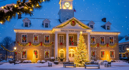 A grand building adorned with festive Christmas lights and garlands, standing under a gentle snowfall with a decorated tree in front.の素材