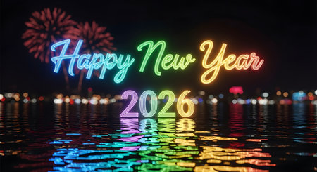 Bright neon text "Happy New Year 2026" glows against a dark sky with fireworks, reflected in shimmering water.の素材