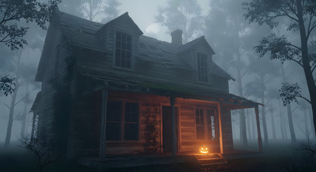 A dark, imposing Victorian house stands in a dense, foggy forest. A warm, inviting light emanates from its entrance, creating a stark contrast.の素材