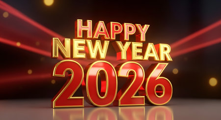 A 3D rendering of the words Happy New Year 2026 in bold gold and red lettering against a dark, glowing background.の素材