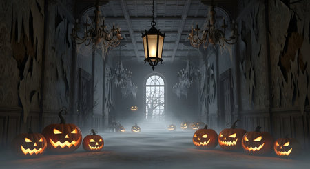 A dimly lit, eerie castle hallway lined with carved pumpkins glows ominously, leading to a distant, arched doorway.の素材