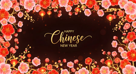 A festive border of pink and red flowers and glowing lanterns surrounds a dark background with Chinese New Year greetings.の素材