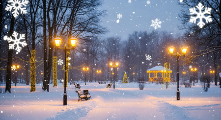 A serene winter park at dusk, illuminated by glowing lampposts and falling snowflakes, creating a magical and inviting atmosphere.の素材