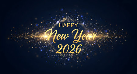 A festive dark background features golden text wishing a Happy New Year 2026, surrounded by sparkling lights and confetti.の素材