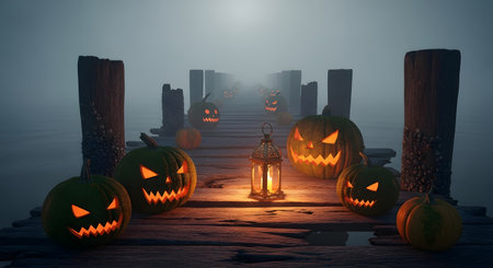 Glowing carved pumpkins illuminate a misty wooden pier with a skeletal figure holding a lantern, creating a haunting Halloween scene.の素材