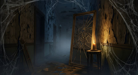 A single, bioluminescent mushroom emits a warm, golden light from its cap, illuminating a dark, moss-covered tree trunk in a forest setting.の素材