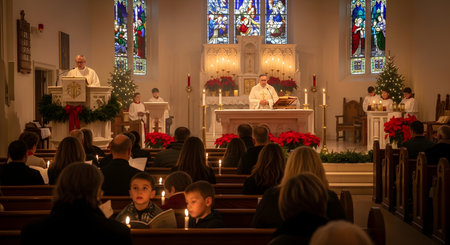 A serene Christmas Eve service featuring a priest at the altar, congregants holding candles, and festive decorations like poinsettias and Christmas trees.の素材