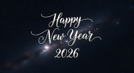 A sophisticated "Happy New Year 2026" message in white calligraphy, set against a dark, star-filled cosmic backdrop with subtle nebulae.の素材