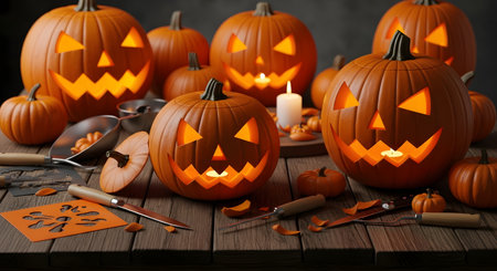 Several carved jack-o'-lanterns with glowing interiors sit on a rustic wooden surface, surrounded by carving tools and remnants.の素材