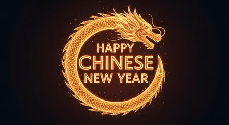 A glowing golden dragon encircles a 'Happy Chinese New Year' message against a dark background, evoking celebration and tradition.の素材