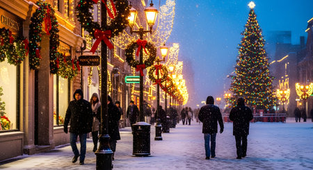 People walk along a snow-covered street lined with festive Christmas decorations and illuminated storefronts, leading to a large, glowing Christmas tree.の素材