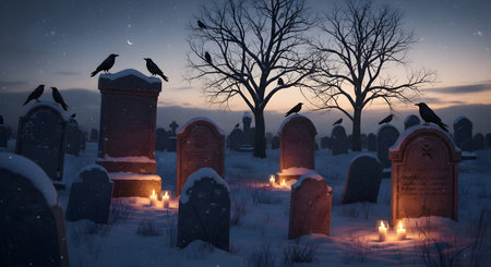 A haunting scene unfolds in a snowy cemetery at dusk, with crows perched on gravestones illuminated by flickering candlelight.の素材