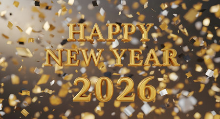 Golden text reads Happy New Year 2026 against a dark background with a shower of golden and silver confetti.の素材