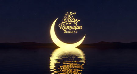 A luminous crescent moon with Arabic calligraphy for Ramadan glows brightly, its reflection shimmering on the dark water below.の素材