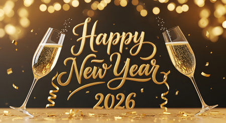 Two champagne flutes filled with bubbly stand before a golden 'Happy New Year 2026' text with bokeh lights.の素材