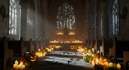 A dimly lit cathedral interior adorned with numerous candles and carved pumpkins creates a spooky, atmospheric scene.の素材
