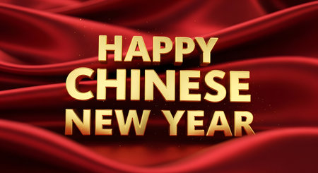 Golden 3D text reads Happy Chinese New Year against a luxurious, rippling red silk fabric.の素材