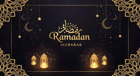 A dark, ornate background features golden Arabic calligraphy, 'Ramadan Mubarak' text, crescent moons, and glowing lanterns, creating a festive Ramadan atmosphere.の素材