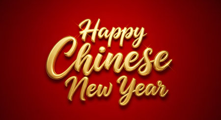 Elegant golden calligraphy wishes a Happy Chinese New Year against a rich red textured background.の素材