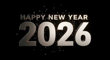 A festive New Year's Eve graphic featuring the year 2026 in large metallic numbers against a dark background with sparkling glitter.の素材