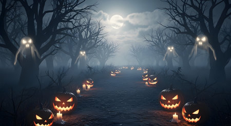A dark, misty forest path lined with glowing jack-o'-lanterns and spectral ghosts under a full moon.の素材