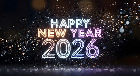 A vibrant New Year's Eve celebration with 'Happy New Year 2026' text illuminated against a dark background filled with sparkling fireworks and bokeh.の素材