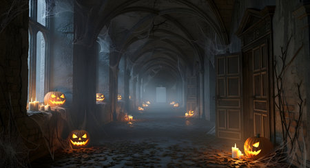 Illuminated carved pumpkins cast an eerie glow down a misty, ancient stone hallway, creating a haunted atmosphere.の素材