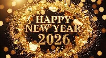 A festive and bright image with the words Happy New Year 2026 surrounded by golden glitter and bokeh lights.の素材