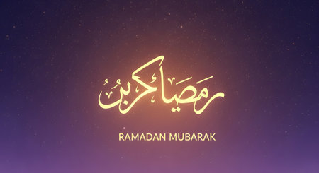 Beautiful glowing Arabic calligraphy for Ramadan Mubarak set against a dark, starry night sky with subtle bokeh effects.の素材