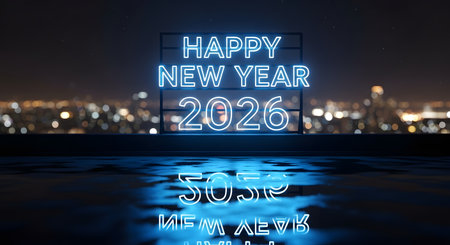 A glowing blue neon sign displays "Happy New Year 2026" against a blurred city skyline at night, with its reflection visible on a wet surface.の素材
