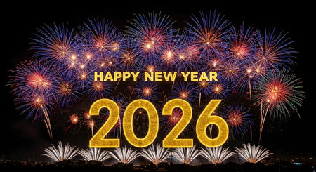 A dazzling night sky erupts with colorful fireworks, illuminating the golden numerals '2026' and the festive greeting 'Happy New Year'.の素材