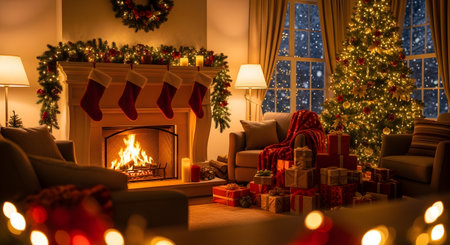 A warm and inviting living room decorated for Christmas, featuring a lit fireplace, stockings, a decorated tree, and presents.の素材