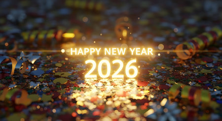 A dazzling display of golden confetti and glowing lights illuminates the text 'Happy New Year 2026' in a festive atmosphere.の素材