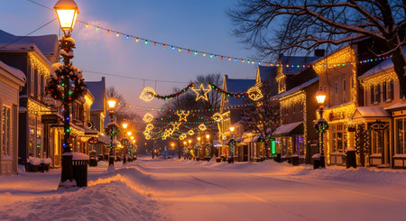 A charming, snow-covered street in a European town glows with warm holiday lights and decorations, creating a magical winter scene.の素材