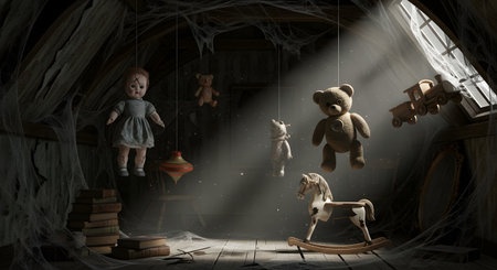 Dusty attic filled with antique dolls, teddy bears, and a rocking horse, illuminated by dramatic shafts of light.の素材