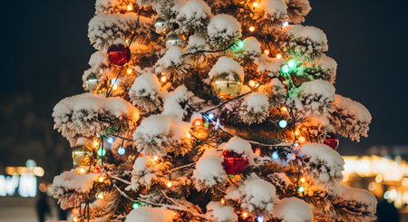 A close-up of a snow-laden Christmas tree at night, adorned with vibrant, colorful lights and red ornaments.の素材