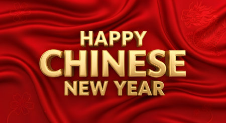 A festive greeting for the Chinese New Year, featuring golden text on a luxurious, rippling red silk fabric.の素材
