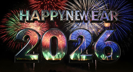 A vibrant celebration of the new year 2026, featuring glowing numbers and a dazzling fireworks show in the night sky.の素材