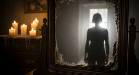 A shadowy figure stands in a doorway, its silhouette starkly visible in a large, ornate, dusty mirror illuminated by flickering candles.の素材