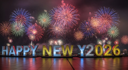 A spectacular nighttime fireworks show illuminates the sky with a dazzling array of colors, celebrating the arrival of the new year.の素材