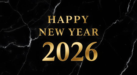 A luxurious greeting for the new year, featuring golden text on a sophisticated black marble texture.の素材
