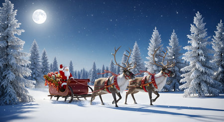 Santa Claus rides in his sleigh pulled by reindeer through a snowy forest under a moonlit night sky with falling snow.の素材