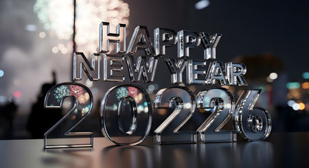 Metallic letters spell out Happy New Year with large numbers for 2023, reflecting city lights in a festive display.の素材