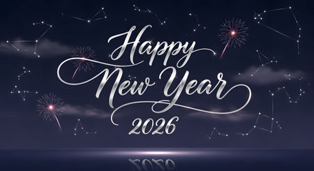 Elegant script text "Happy New Year 2025" shimmers against a dark night sky filled with colorful fireworks and reflections.の素材