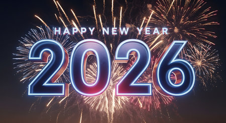 A vibrant fireworks display illuminates the night sky, celebrating the arrival of the year 2026 with glowing numerals.の素材