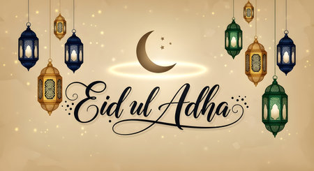 A festive Eid ul Adha greeting featuring ornate lanterns, a crescent moon, and elegant calligraphy on a warm, glowing background.の素材