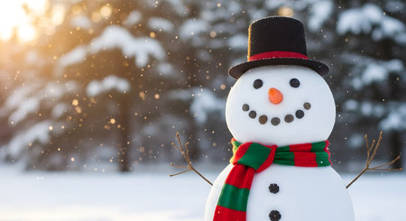 A cheerful snowman wearing a top hat and a colorful scarf stands in a snowy forest with soft sunlight filtering through the trees.の素材