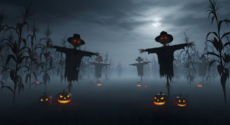 Silhouetted scarecrows with glowing eyes stand guard in a misty cornfield, illuminated by carved pumpkins and a full moon.の素材