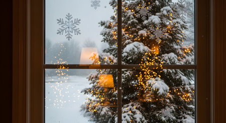 A snow-covered Christmas tree adorned with warm lights is seen through a window with snowflake decorations and frosted glass.の素材