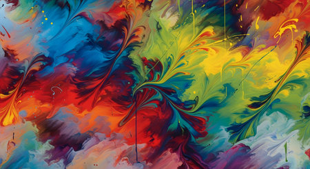 A dynamic explosion of bright, multi-colored paint swirls with a textured, energetic feel.の素材